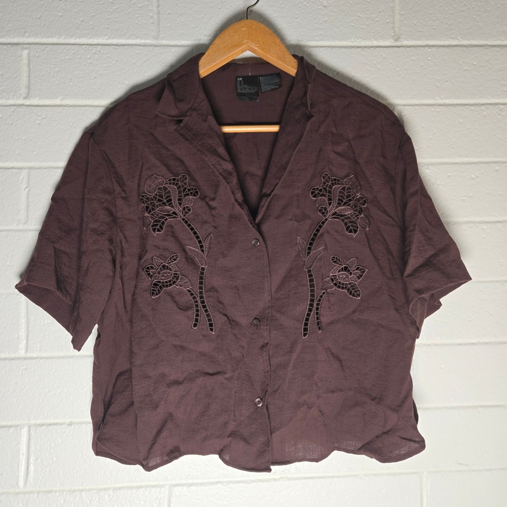 H&M Womens Blouse Brown Floral Embroidered Medium Cropped Top Resort Vacation